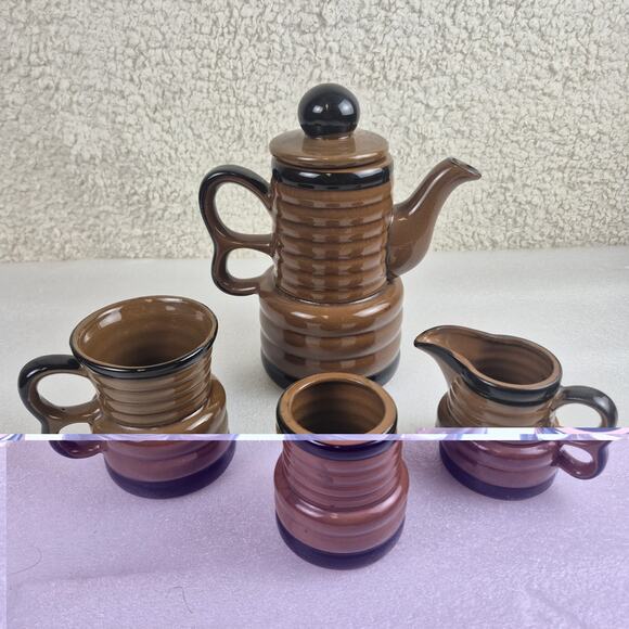 Vintage 1960s Japan Glazed Ribbed Ceramic Coffee Tea Set Pot Sugar Mug 6-Pc - Picture 10 of 12